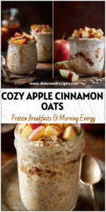 Jar of apple cinnamon overnight oats topped with fresh apples and chia seeds on a rustic table.